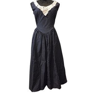 VTG Allison Rose S Polka Dot Prairie  Dress Midi  Lace Collar Retro Pinup 80's